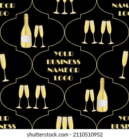 Business celebration vector seamless Ogee pattern with hand drawn champagne bottles and glasses. Black gold art deco style backdrop with space to insert your own text or logo. For corporate marketing
