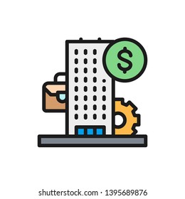 Business Center, Bank, Financial Institution Flat Color Icon.