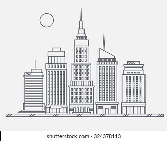 Business center of big city street skyscrapers megapolis buildings concept real estate architecture, commercial building and offices drawing in linear flat design 