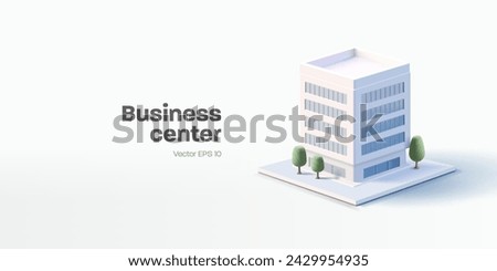 Business center building 3d render illustration with windows and trees, simple icon white colours