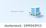 Business center building, 3D. White modern building with glass windows, for rent office, premises, development, and real estate investment. City high-rise building. Vector