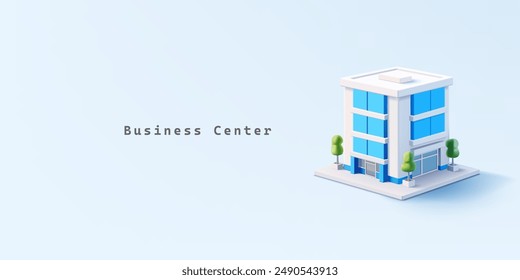 Business center building, 3D. White modern building with glass windows, for rent office, premises, development, and real estate investment. City high-rise building. Vector