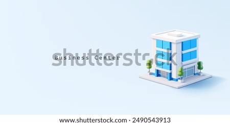 Business center building, 3D. White modern building with glass windows, for rent office, premises, development, and real estate investment. City high-rise building. Vector