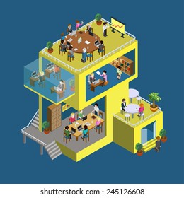 Business center building with people flat 3d web isometric infographic concept vector. Exterior and interior isometry rooms with people staff workers. Creative people collection.