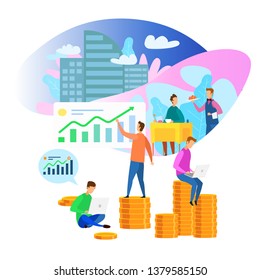 Business Center Building Restaurant Waiter Client Profit Diagram Growth Vector Illustration. Commercial Idea Open Cafe Catering Company Successful Financial Planning Dollar Income Increase