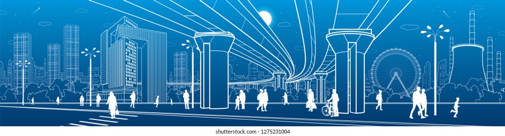 Business Center, city architecture panorama. People walking at town street. Road crosswalk. Road bridge, overpass. Ferris wheel. Urban life. Vector design art