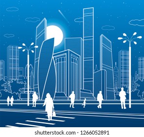 Business Center, city architecture. People walking at town street. Road crosswalk. Urban life. Vector design art