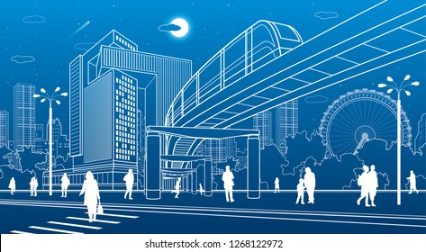 Business Center, city architecture. People walking at town street. Road crosswalk. Monorail bridge, train move. Urban life. Vector design art