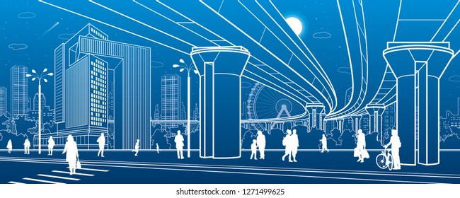 Business Center, city architecture. People walking at town street. Road crosswalk. Road bridge, overpass. Urban life. Vector design art