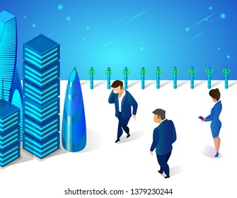 Business Center, City Architecture. People Walking at Futuristic Town Street. Businesspeople Urban Life. Men and Women Using Gadgets, Going at Work, Modern 3D Isometric Cartoon Vector Illustration.