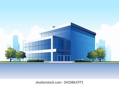 Business center with glass windows or shopping center with the city in the background. Modern office building with trees and parking. Vector illustration for design.