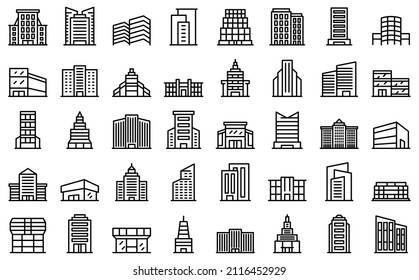 Business center icons set outline vector. House architecture. Central city