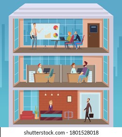 Business Center. Office Building Busy Persons Daily Activity Open Working Space Managers Business Building Cross Section Floor Vector Background