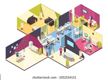 Business center one floor interior isometric composition with offices computer conference and employee break rooms vector illustration 