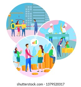 Business Center Open Restaurant Building Cartoon Man Woman Shake Hand Vector Illustration. Financial Partnership Buy Operating Business Commercial Deal Food Catering Money Earnings Increase