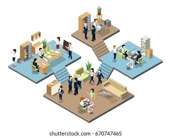 Business center with people at work in offices. Vector isometric illustration. Interior of office with business people man and woman