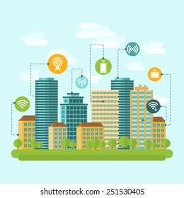 Business center and residential downtown city area buildings computer wireless internet connection range concept abstract vector illustration