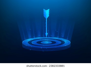business the center of the target digital technology blue background. concept of focusing aim on work. arrow center dashboard. strategy for setting success goal. vector illustration digital low poly.