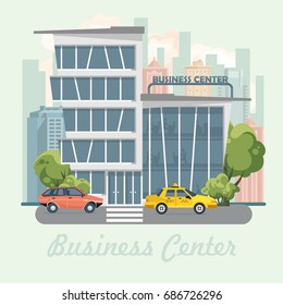 Ilustración vectorial de centro de negocios en diseño plano. Paisaje urbano.