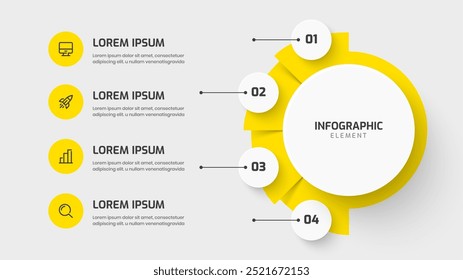 Presentación de infografía del círculo central del negocio con el número y el icono amarillos de los círculos 4