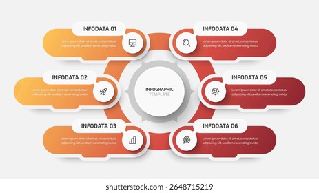 Círculo central del negocio, presentación de la infografía con el color del degradado, etiqueta del círculo, 6 opciones e icono