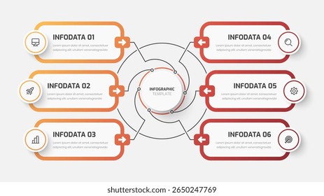 Círculo central del negocio, presentación de la infografía con el color del degradado, etiqueta del círculo, 6 opciones, línea e icono