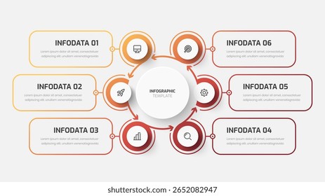 Círculo central del negocio, presentación de la infografía con el color del degradado, etiqueta del círculo, 6 números e icono