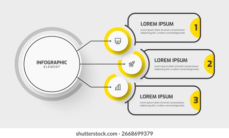 Business Central Circle Infográfico Apresentação com linhas, 3 círculo rótulo, opções e ícones.