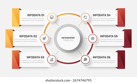 Círculo central del negocio, presentación de la infografía con el color del degradado, línea, 6 opciones e icono