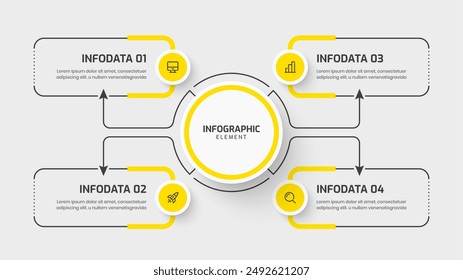 Plantilla Infográfica de Círculo Central de Negocios con Color Amarillo, Etiqueta de Círculo, Línea, 4 Opción para Presentación	