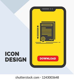 Business, certificate, contract, degree, document Glyph Icon in Mobile for Download Page. Yellow Background