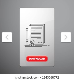 Business, certificate, contract, degree, document Line Icon in Carousal Pagination Slider Design & Red Download Button