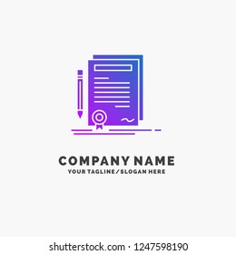 Business, certificate, contract, degree, document Purple Business Logo Template. Place for Tagline.