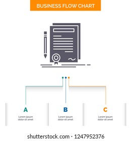 Business, certificate, contract, degree, document Business Flow Chart Design with 3 Steps. Glyph Icon For Presentation Background Template Place for text.