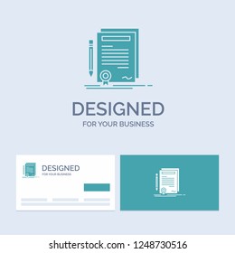 Business, certificate, contract, degree, document Business Logo Glyph Icon Symbol for your business. Turquoise Business Cards with Brand logo template.