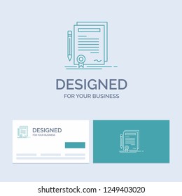 Business, certificate, contract, degree, document Business Logo Line Icon Symbol for your business. Turquoise Business Cards with Brand logo template