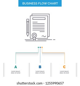 Business, certificate, contract, degree, document Business Flow Chart Design with 3 Steps. Line Icon For Presentation Background Template Place for text