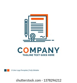 Business, certificate, contract, degree, document Logo Design. Blue and Orange Brand Name Design. Place for Tagline. Business Logo template.