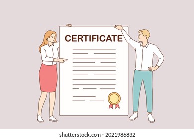 Business certificate and development concept. Young smiling partners woman and man cartoon characters standing holding huge certificate with official stamp in hands vector illustration 