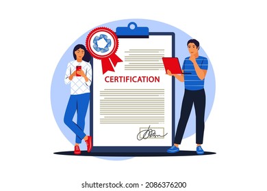 Certificado de negocio y concepto de desarrollo. Jóvenes y hombres parados cerca de un enorme certificado con sello oficial. Ilustración vectorial. Plano