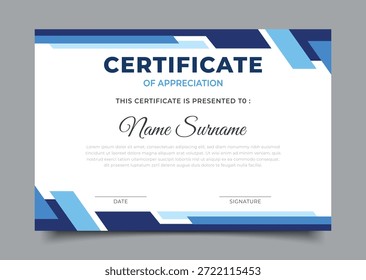 Business certificate template with blue geometric border frame decoration