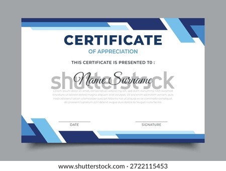 Business certificate template with blue geometric border frame decoration