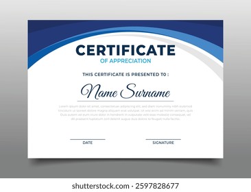 Business certificate template design with blue wavy decoration