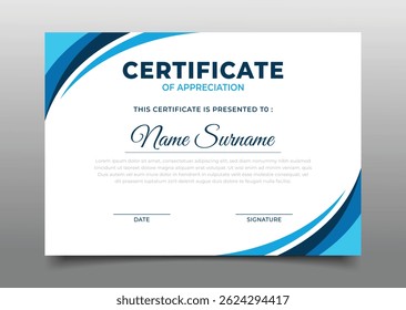 Business certificate template design with blue wavy design