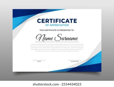 Business certificate template design with modern geometric blue overlapping border frame decoration