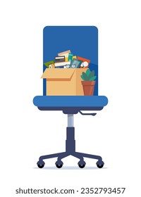 Business chair with box with office things. Dismissed. Fired from job. Vector illustration