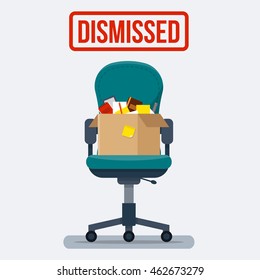 Business chair with box with office things. Dismissed. Fired from job. Flat style vector illustration.