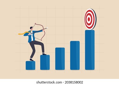 Business challenge to achieve higher target, ambition and aspiration to improve or aiming for success goal concept, confidence businessman aiming his bow arrow to top of high performance target.