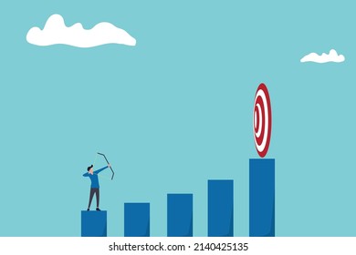 Business challenge to achieve higher target, ambition and aspiration to improve or aiming for success goal concept, confidence businessman aiming his bow arrow to top of high performance target. eps10