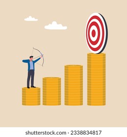 Business challenge to achieve higher target, ambition and aspiration to improve the margin of profit or income concept, confidence businessman aiming his bow arrow to top of high profit target.